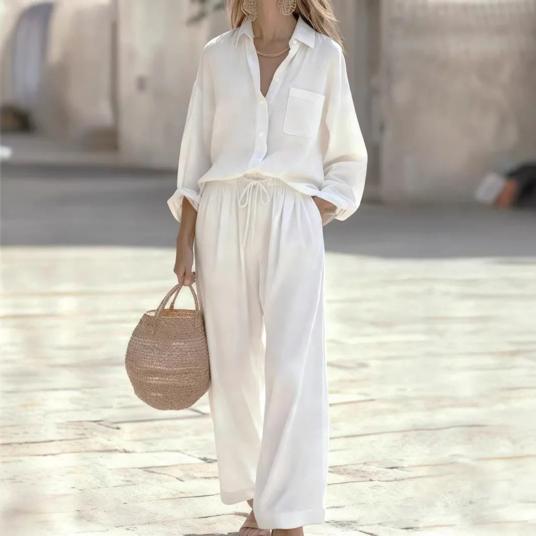 Women's Collared Shirt & Wide Leg Pant Set — Two-Piece