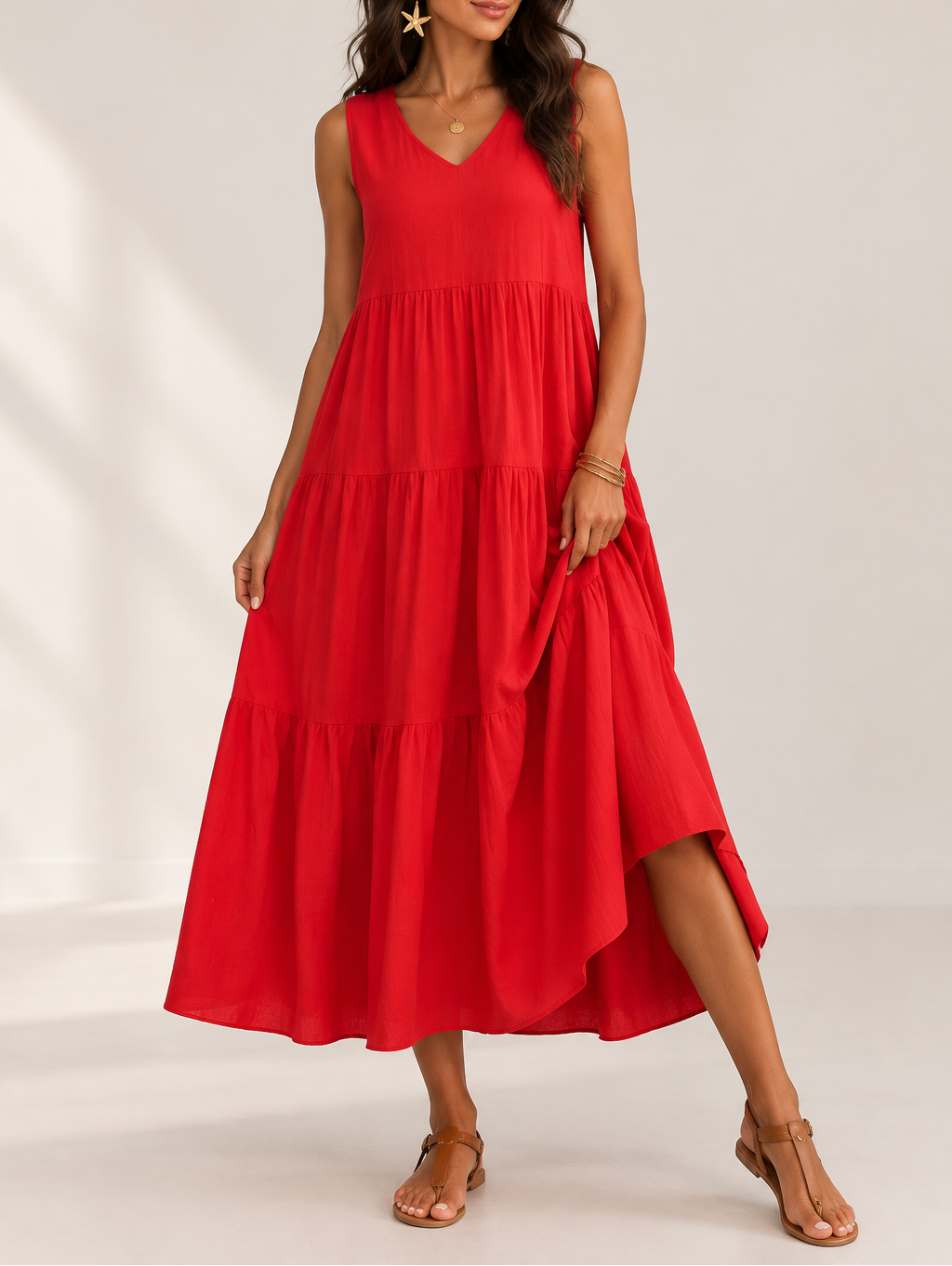Women's V-Neck A-Line Midi Dress — Sleeveless