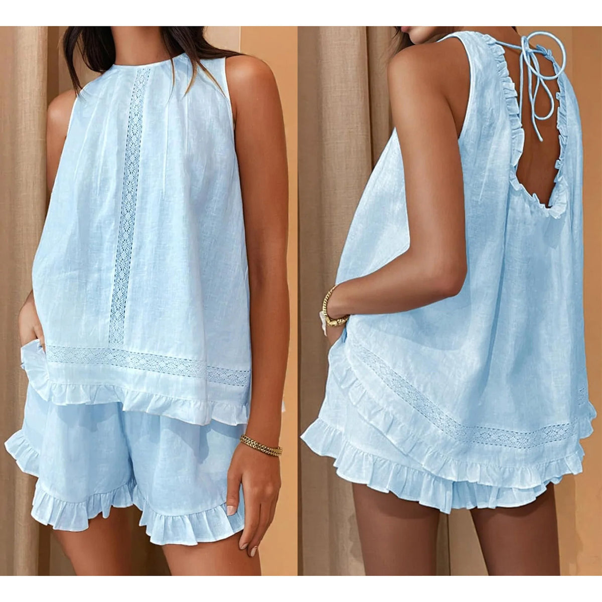 Women's Cotton Linen Top & Shorts Set — Lace Trim