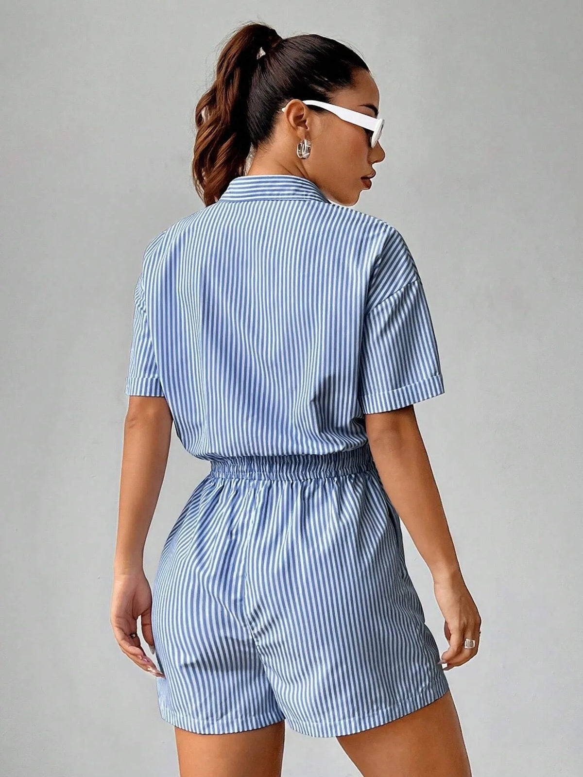 Women's Striped V-Neck Jumpsuit — Tie Waist