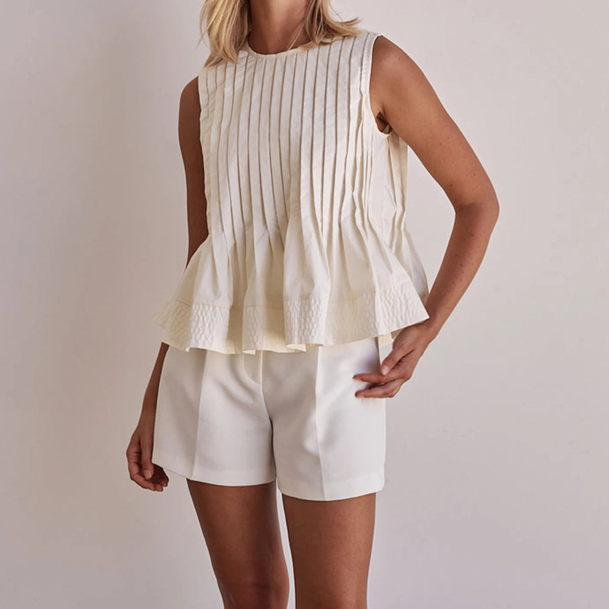 Women's Pleated Ruffle Hem Tank Top — Round Neck