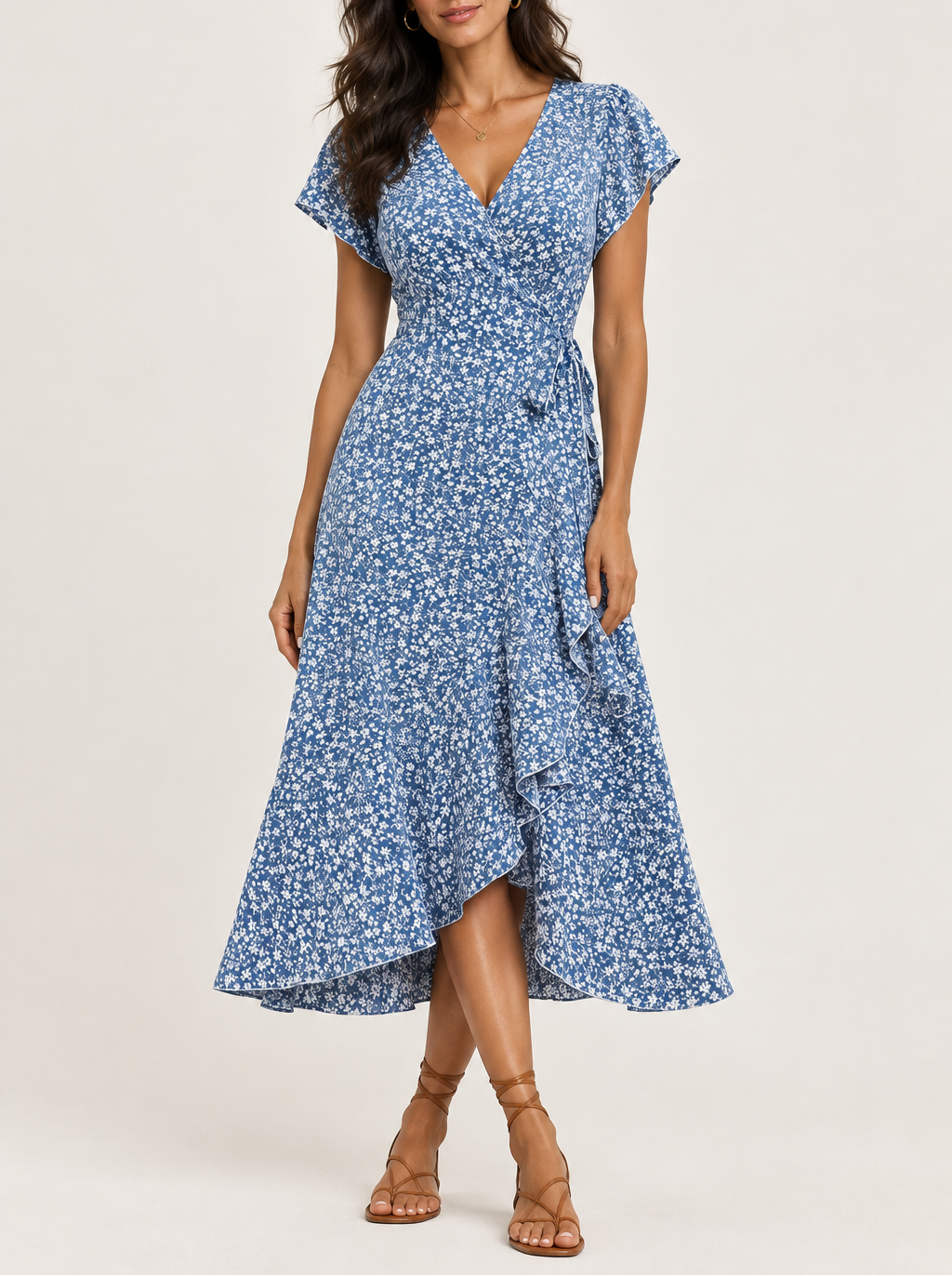 Women's Floral Ruffle Wrap Dress — Tie Side