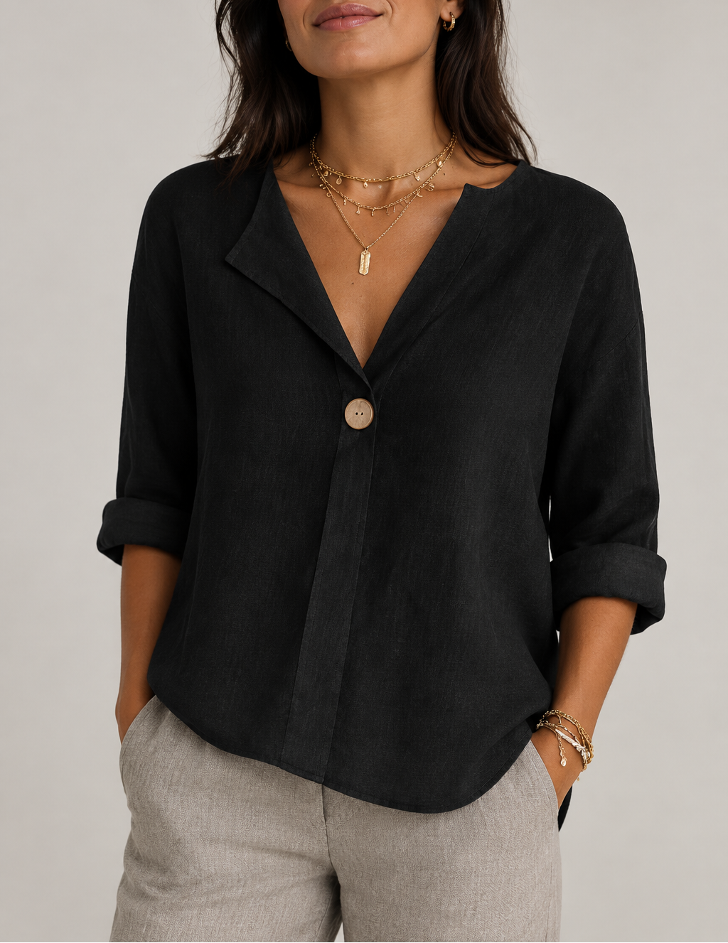 Women's Linen V-Neck Button Blouse — 3/4 Sleeve