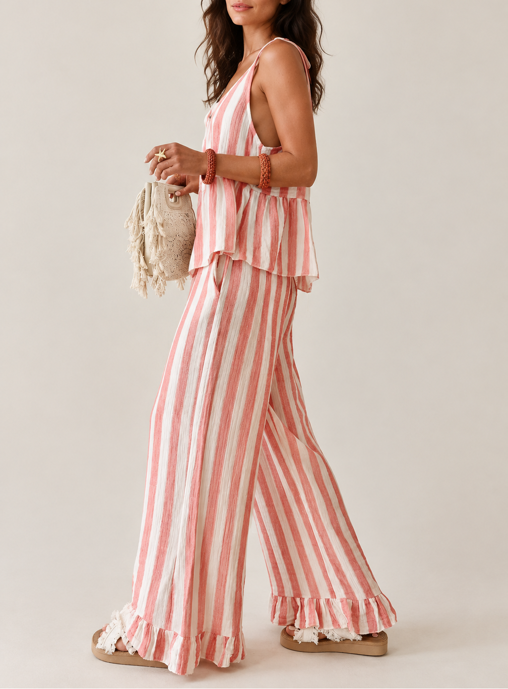 Women's Linen Striped Vest & Wide Leg Trouser Set — Two-Piece