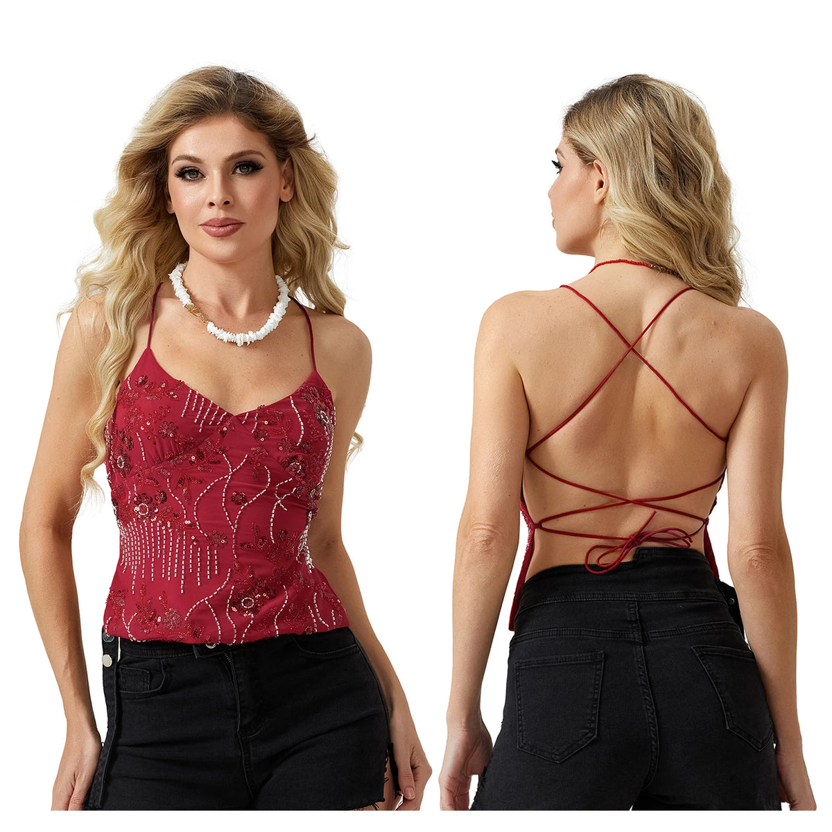 Women's Beaded Floral Cami Top — Tie Back