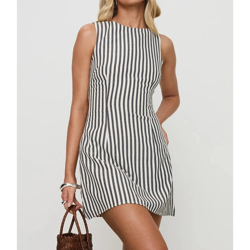 Women's Striped Mini Dress — Belted Boat Neck