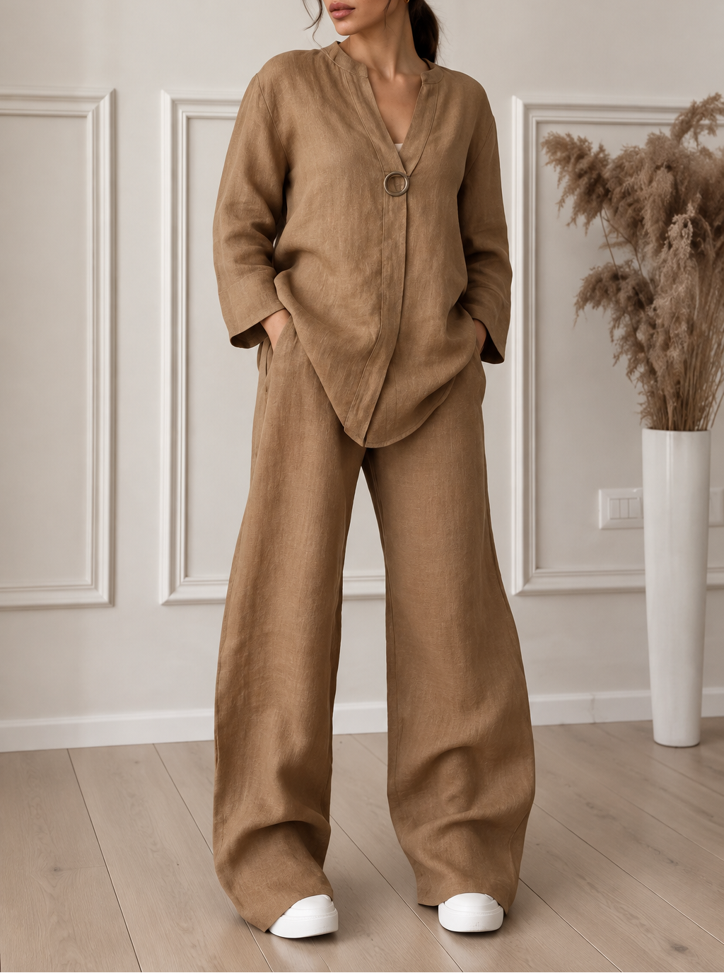 Women's Linen Blouse & Wide Leg Pant Set
