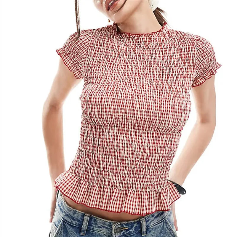 Women's Gingham Smocked Peplum Top — Short Sleeve