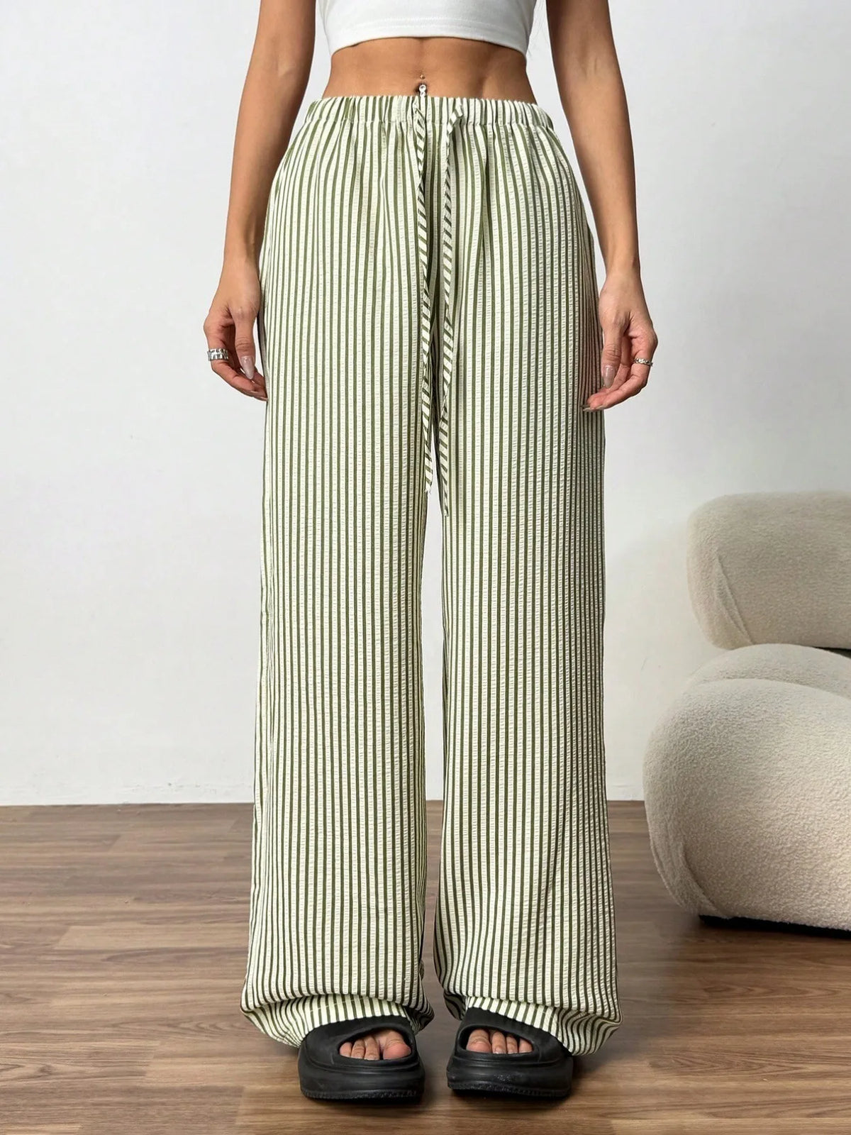 Women's Striped Drawstring Pants — Wide Leg