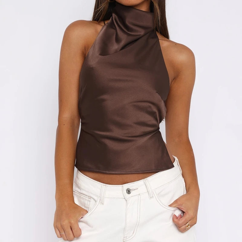 Women's Satin Halter Top — Mock Neck