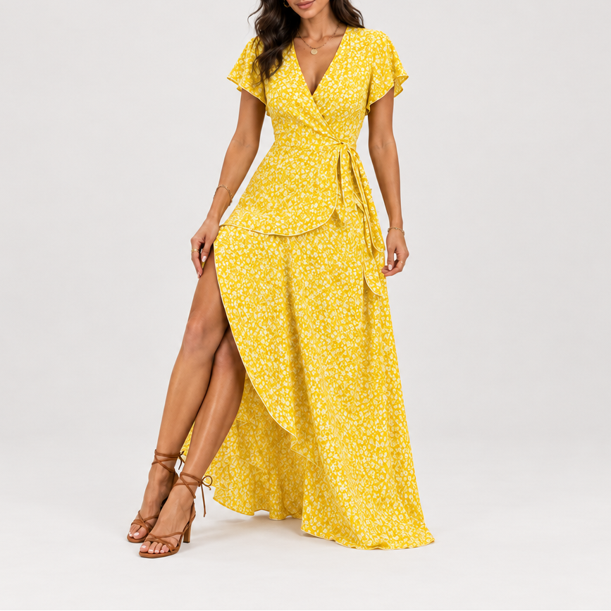 Women's Floral Ruffle Wrap Dress — Tie Side