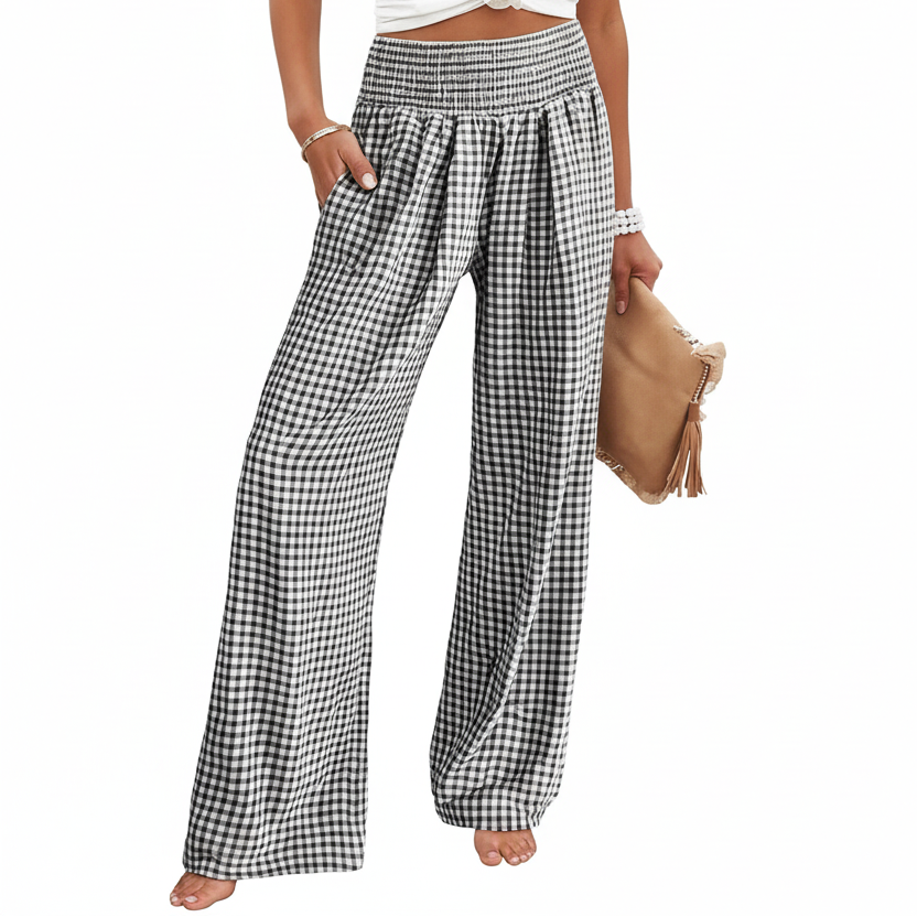 Women's Gingham Wide Leg Pants — Relaxed Fit