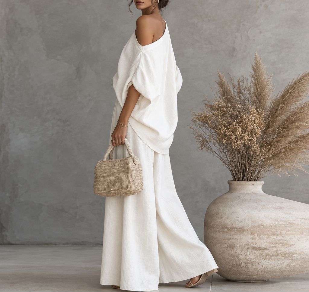 Women's Skew Neck Top & Wide Leg Pant Set