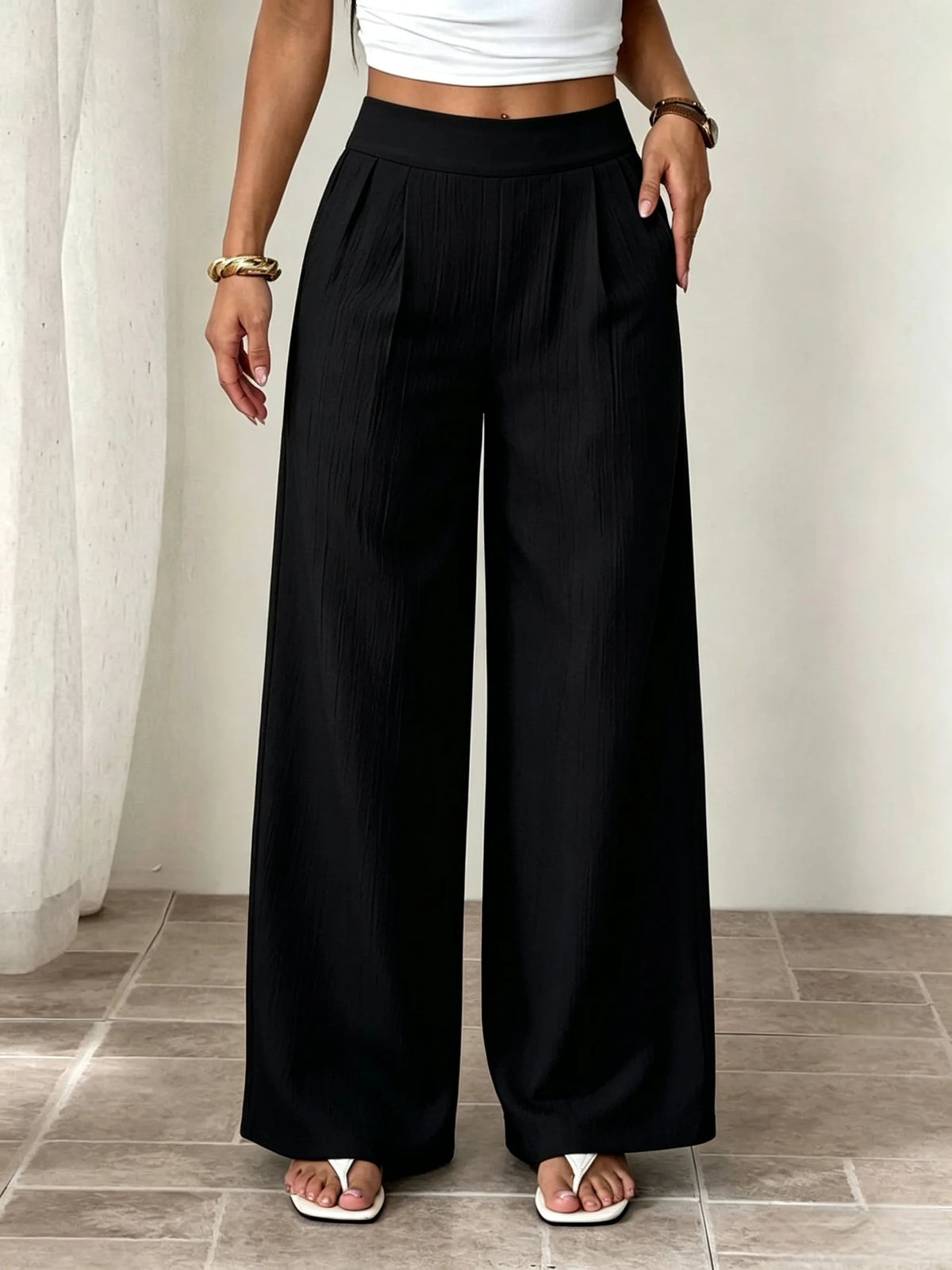 Women's Textured Wide Leg Pants — High Waist