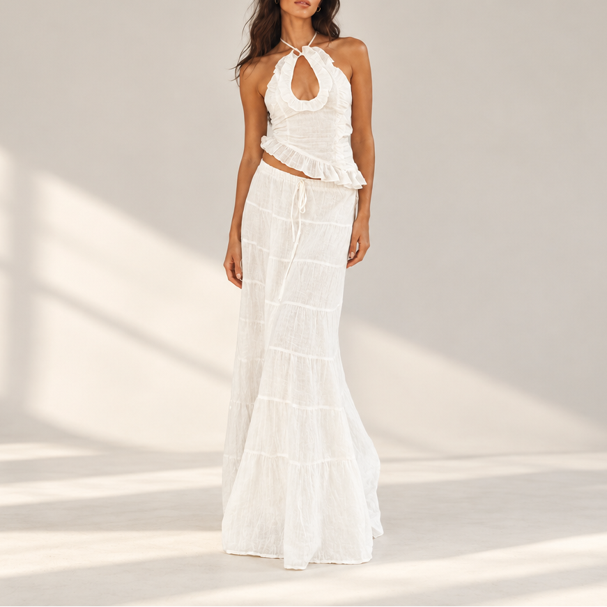 Women's Ruffle Halter Top & Maxi Skirt Set — Tie Back