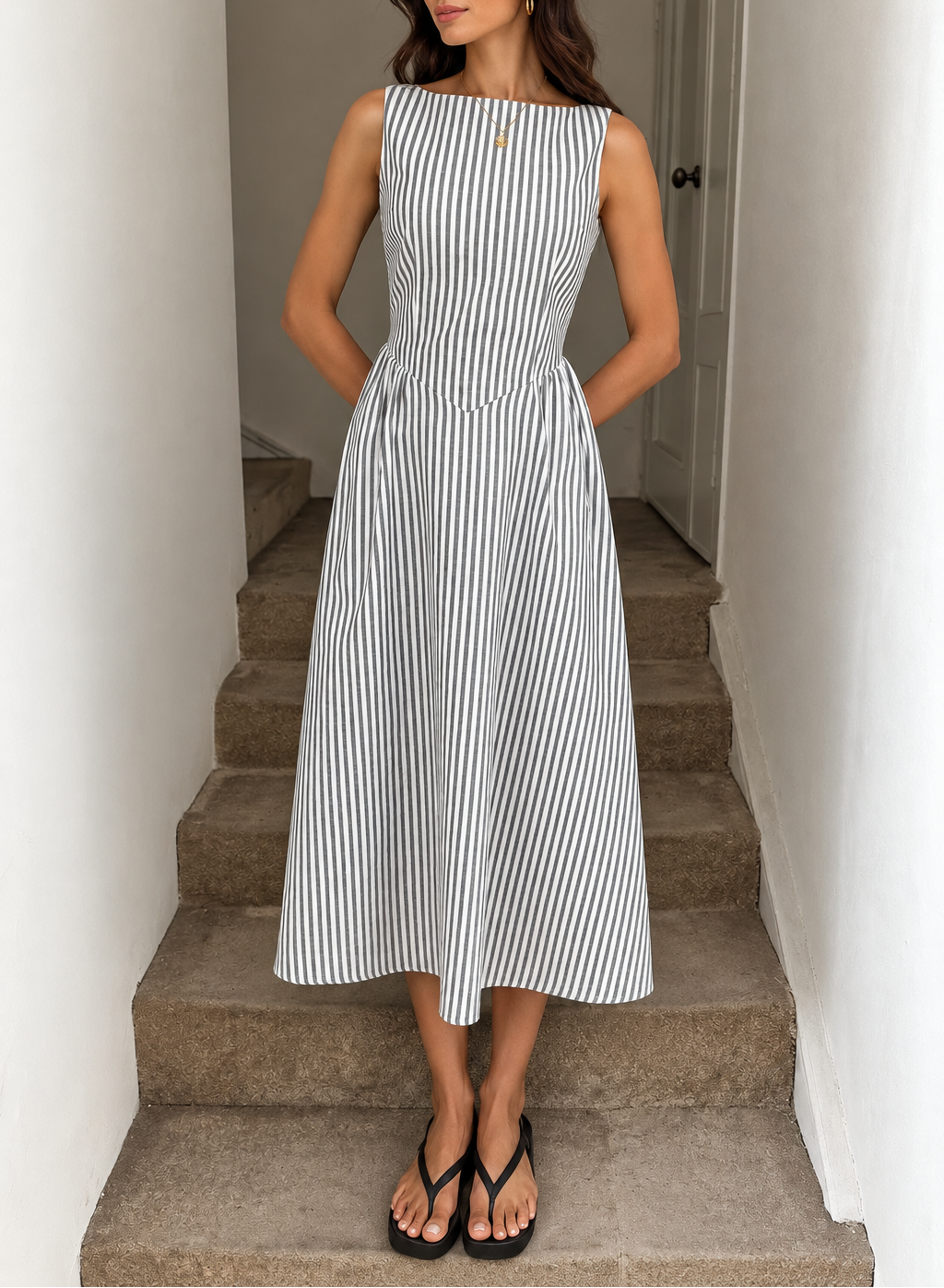 Women's Vertical Stripe Sleeveless Midi Dress