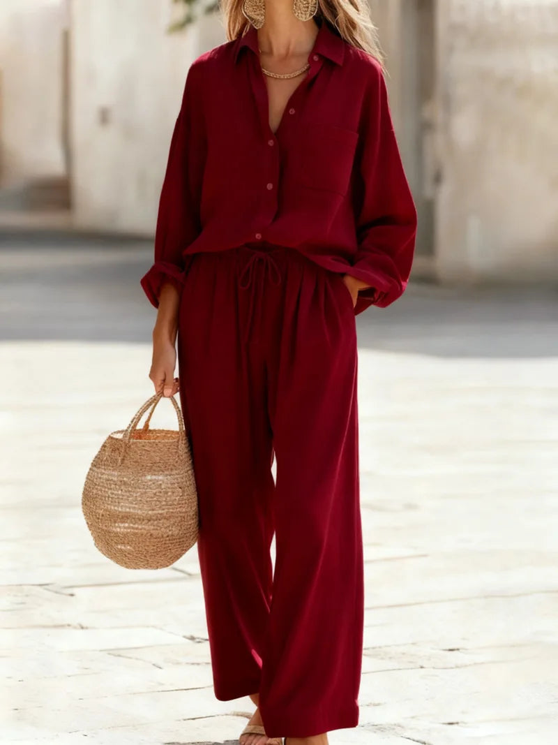 Women's Collared Shirt & Wide Leg Pant Set — Two-Piece