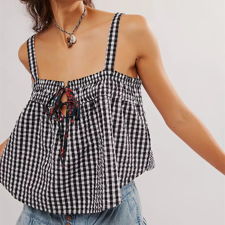 Women's Plaid Smocked Cami Top — Tie Front