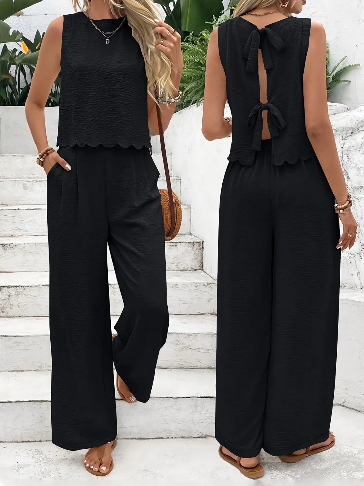 Women's Lace-Up Tank & Wide Leg Pant Set — Two-Piece