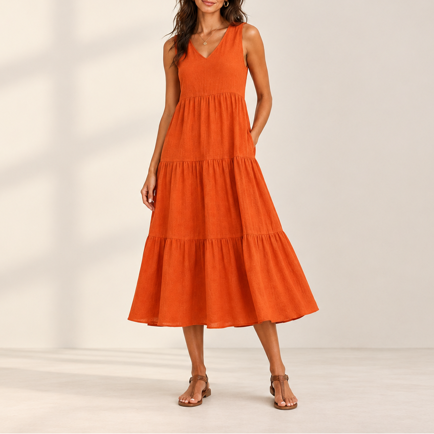 Women's V-Neck A-Line Midi Dress — Sleeveless