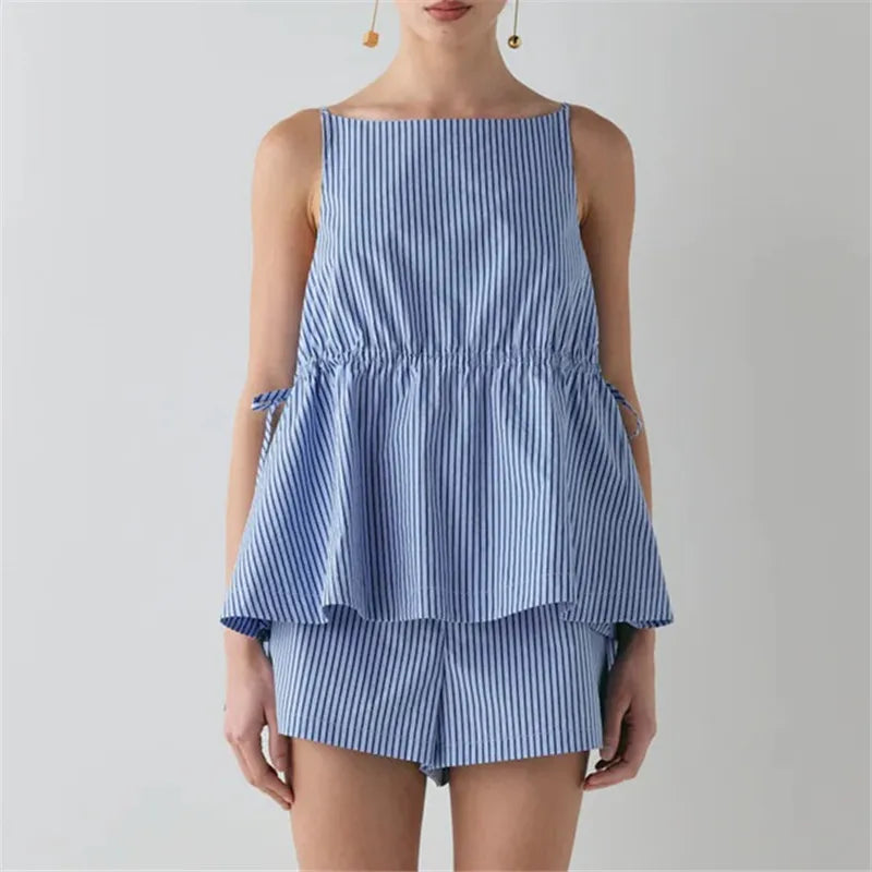 Women's Striped Peplum Top & Shorts Set