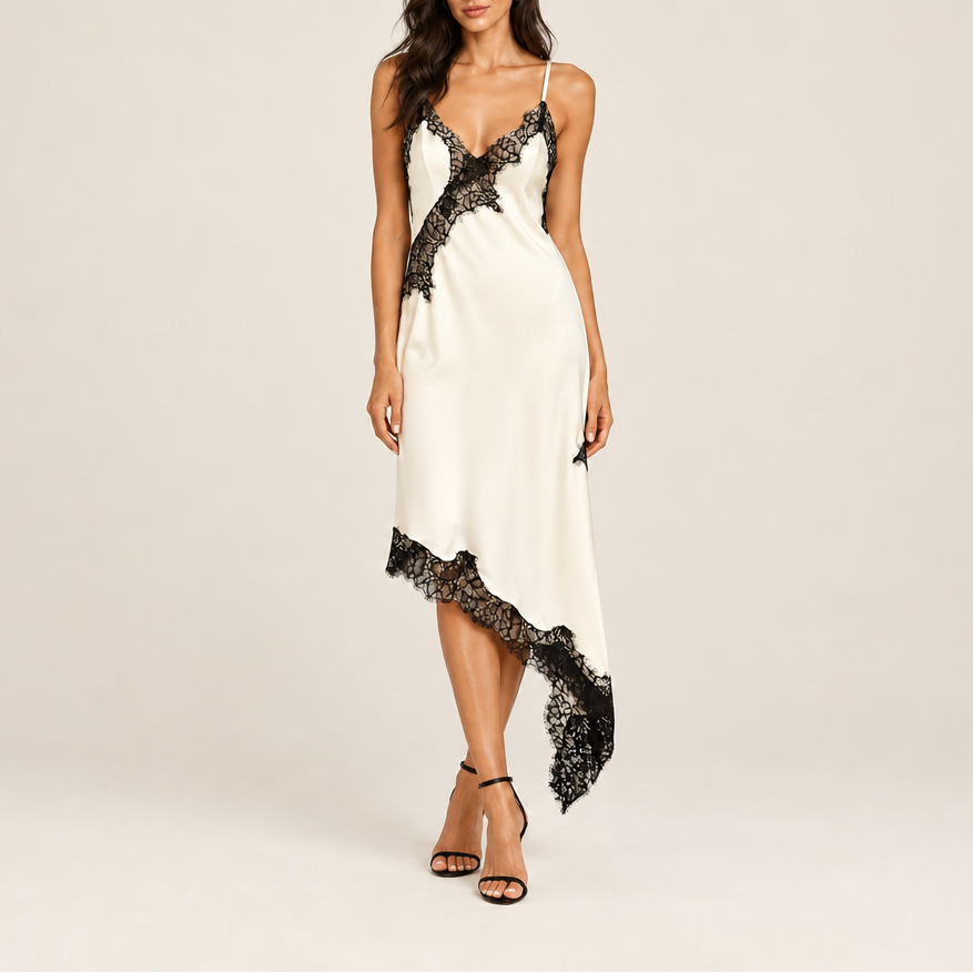 Women's Lace Trim Asymmetric Slip Dress — Mini