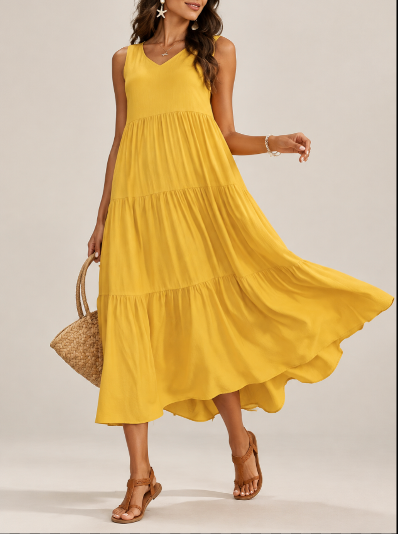 Women's V-Neck A-Line Midi Dress — Sleeveless