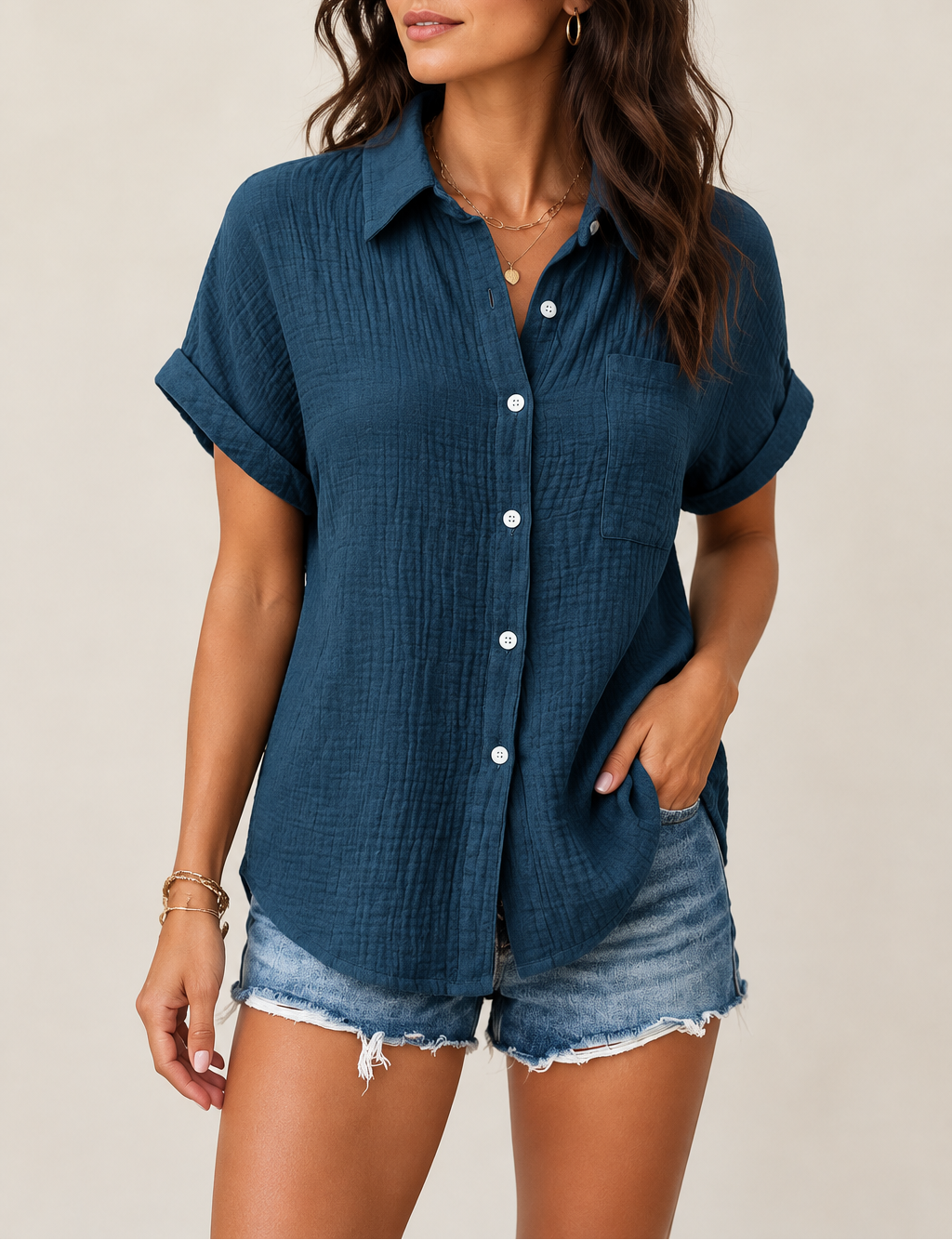 Women's Cotton Blouse — Short Sleeve Collar