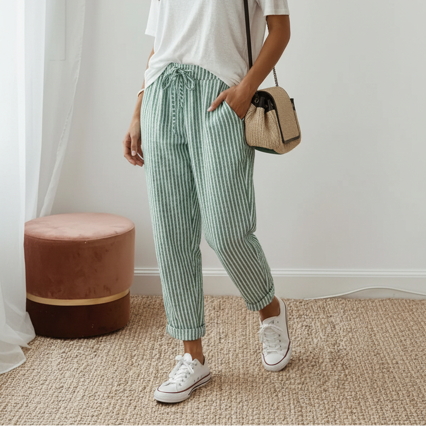 Women's Striped Drawstring Trousers — Loose Fit