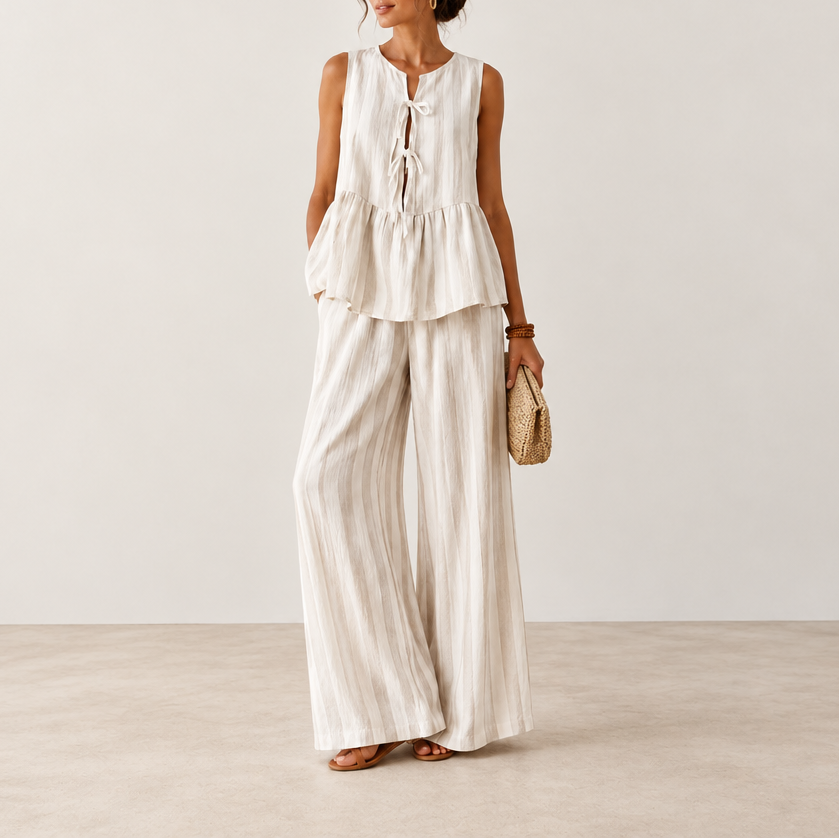 Women's Linen Striped Vest & Wide Leg Trouser Set — Two-Piece