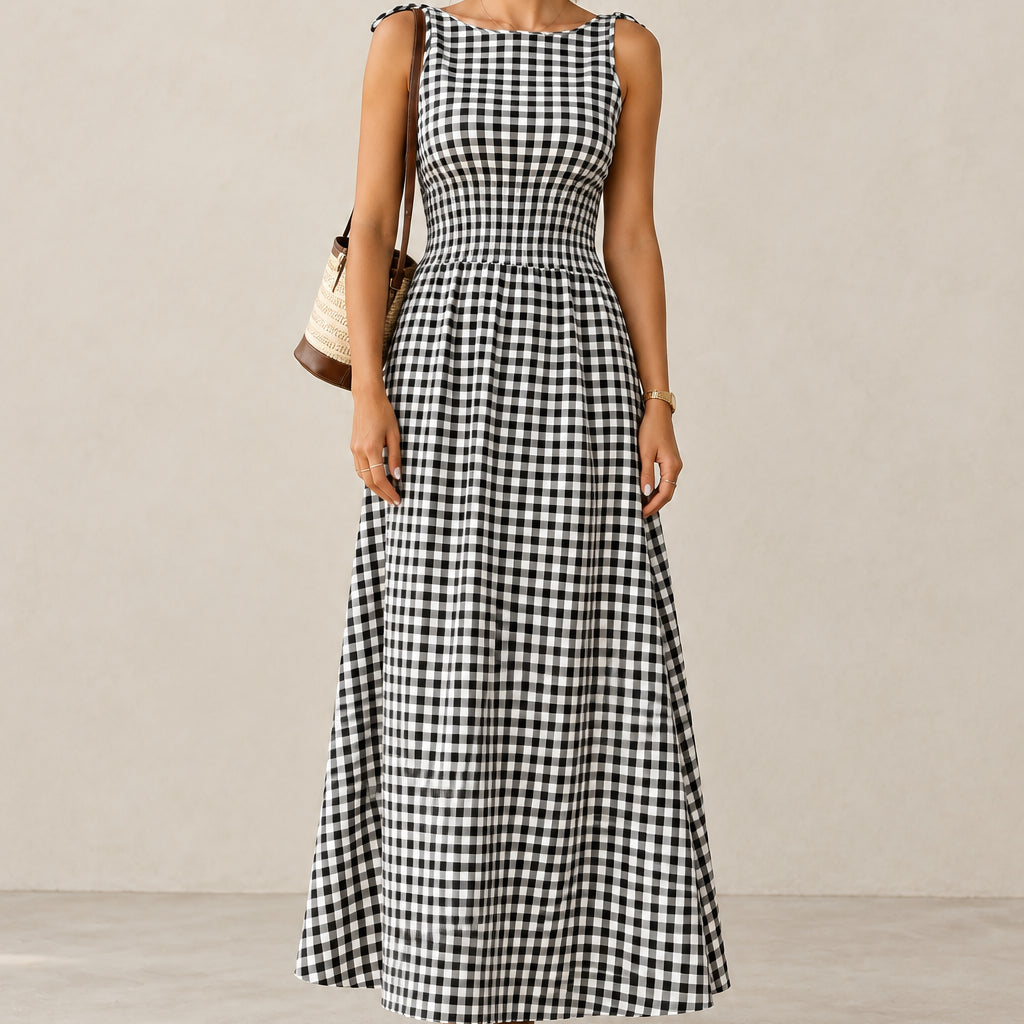 Women's Gingham Maxi Dress — Drawstring Waist