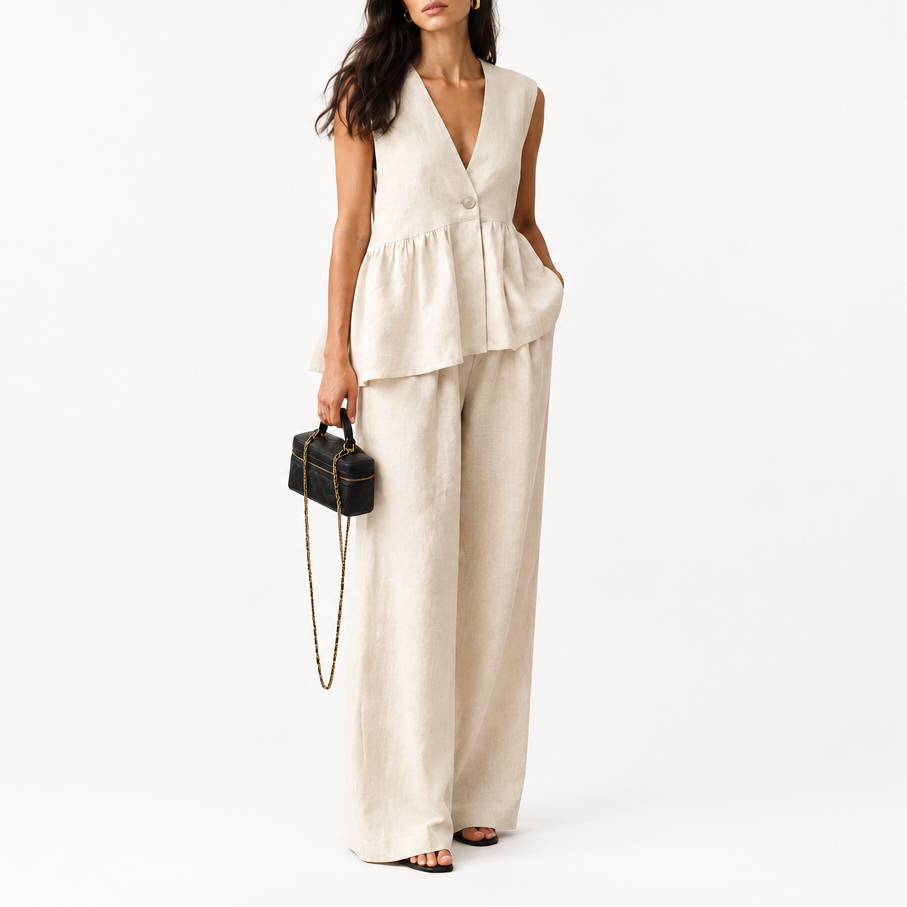 Women's Linen V-Neck Vest & Wide Leg Trouser Set