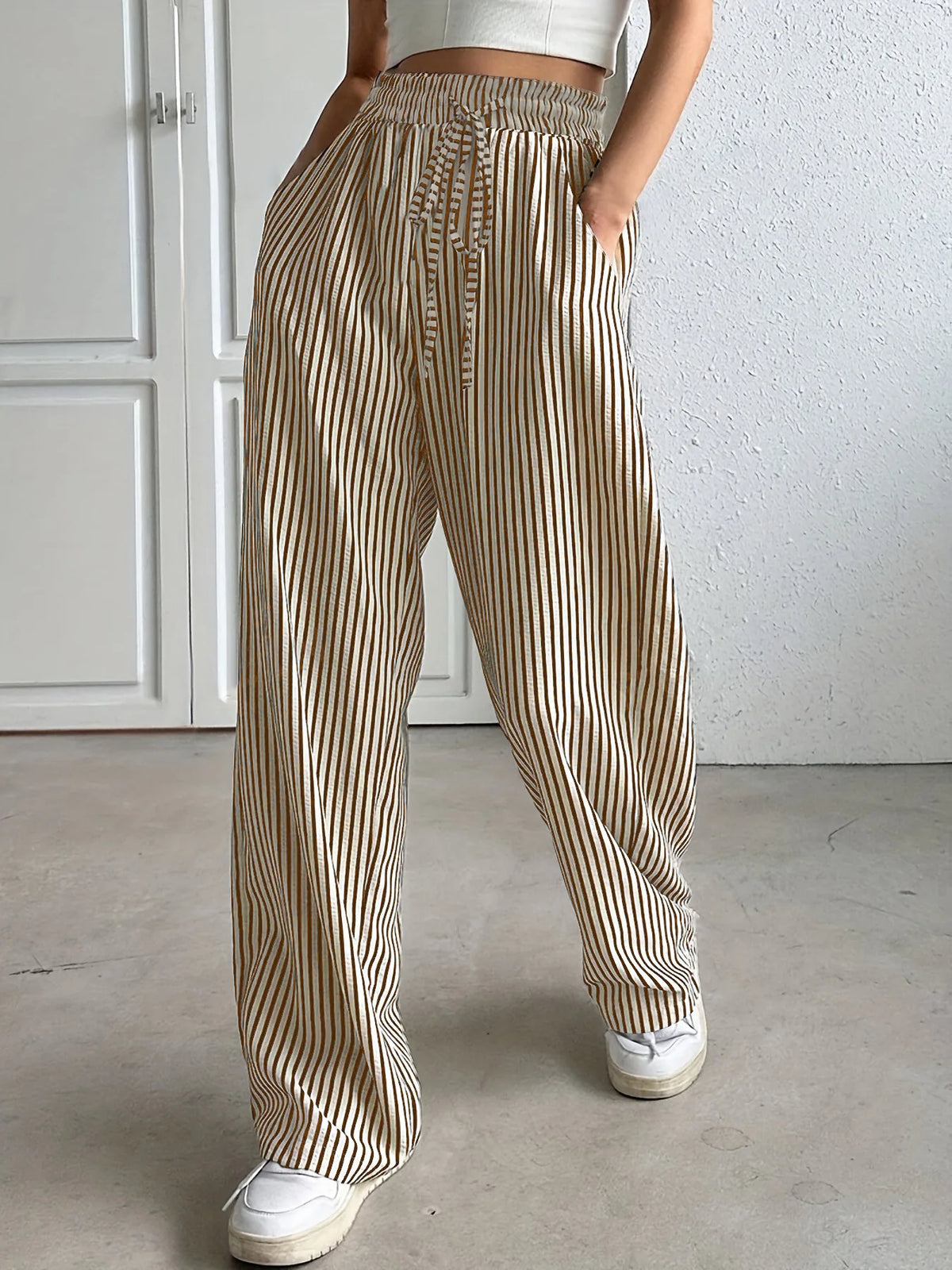 Women's Striped Straight Leg Trousers — High Waist