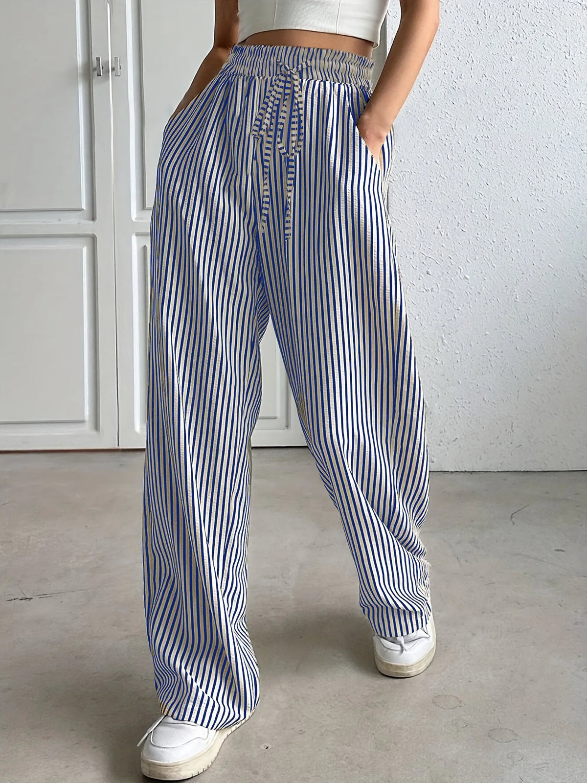 Women's Striped Straight Leg Trousers — High Waist