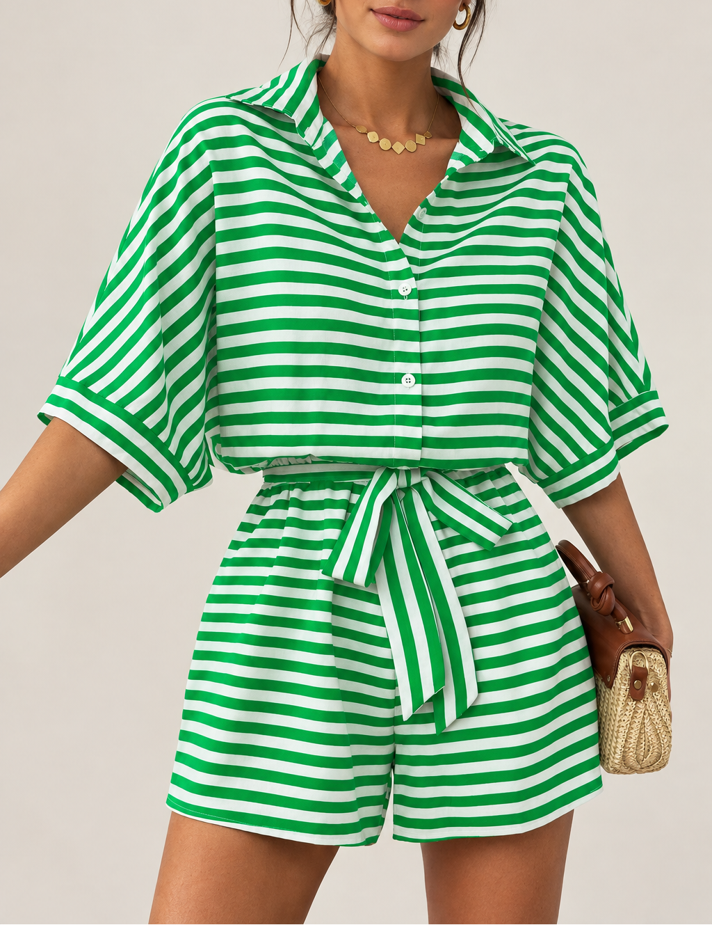 Women's Striped Shirt & Shorts Set — Batwing Sleeve