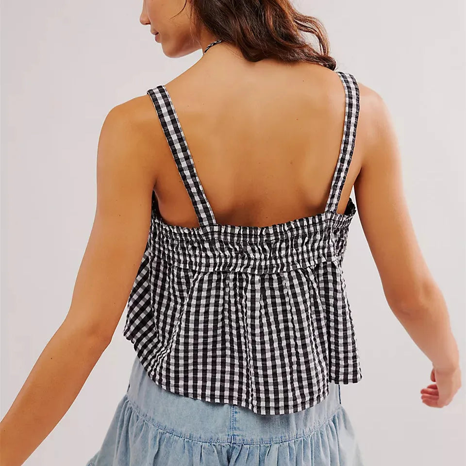 Women's Plaid Smocked Cami Top — Tie Front