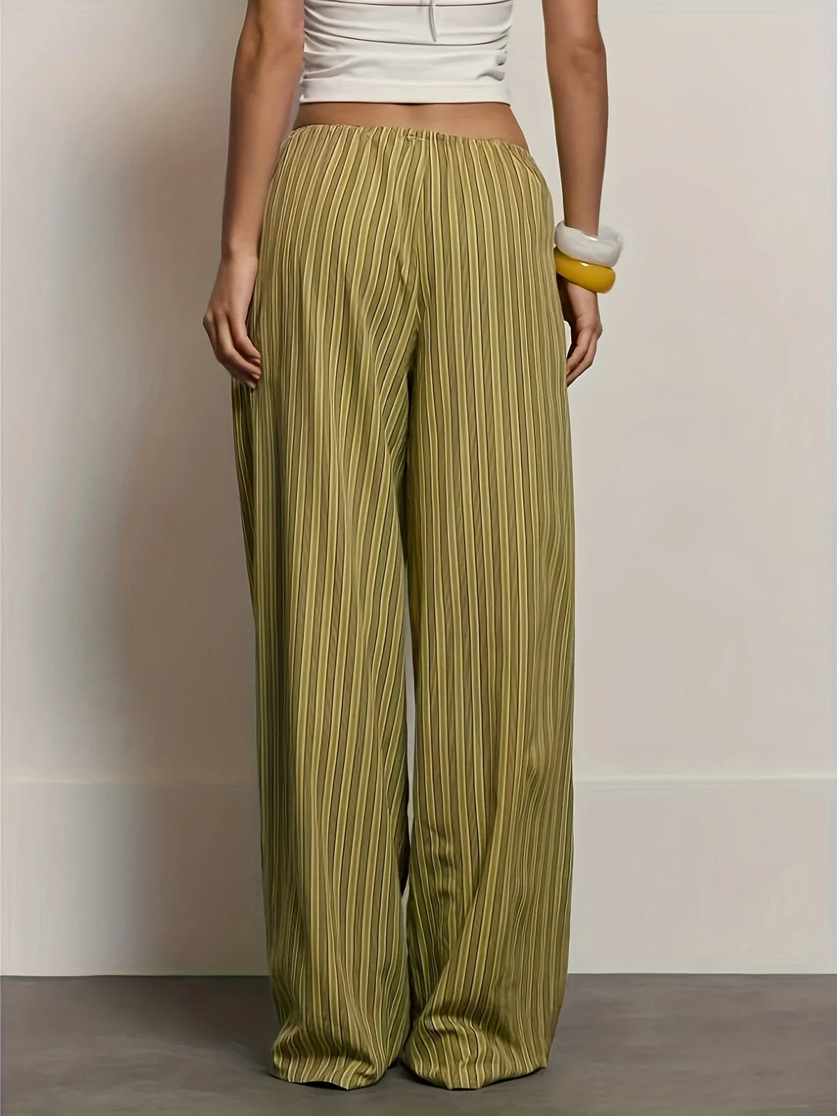 Women's Olive Striped Wide Leg Pants — Drawstring
