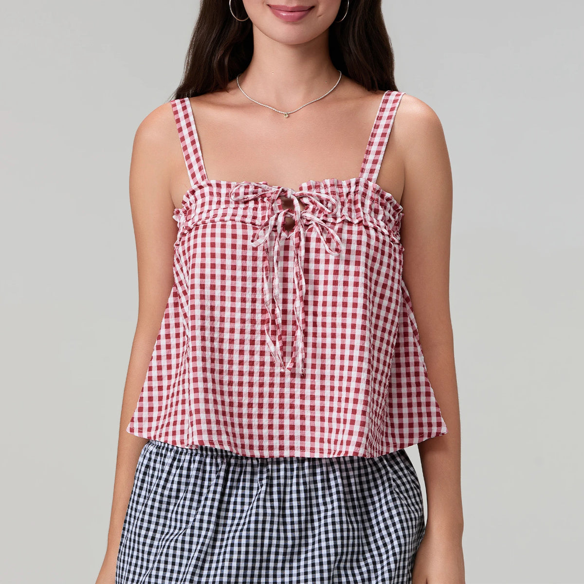 Women's Plaid Smocked Cami Top — Tie Front