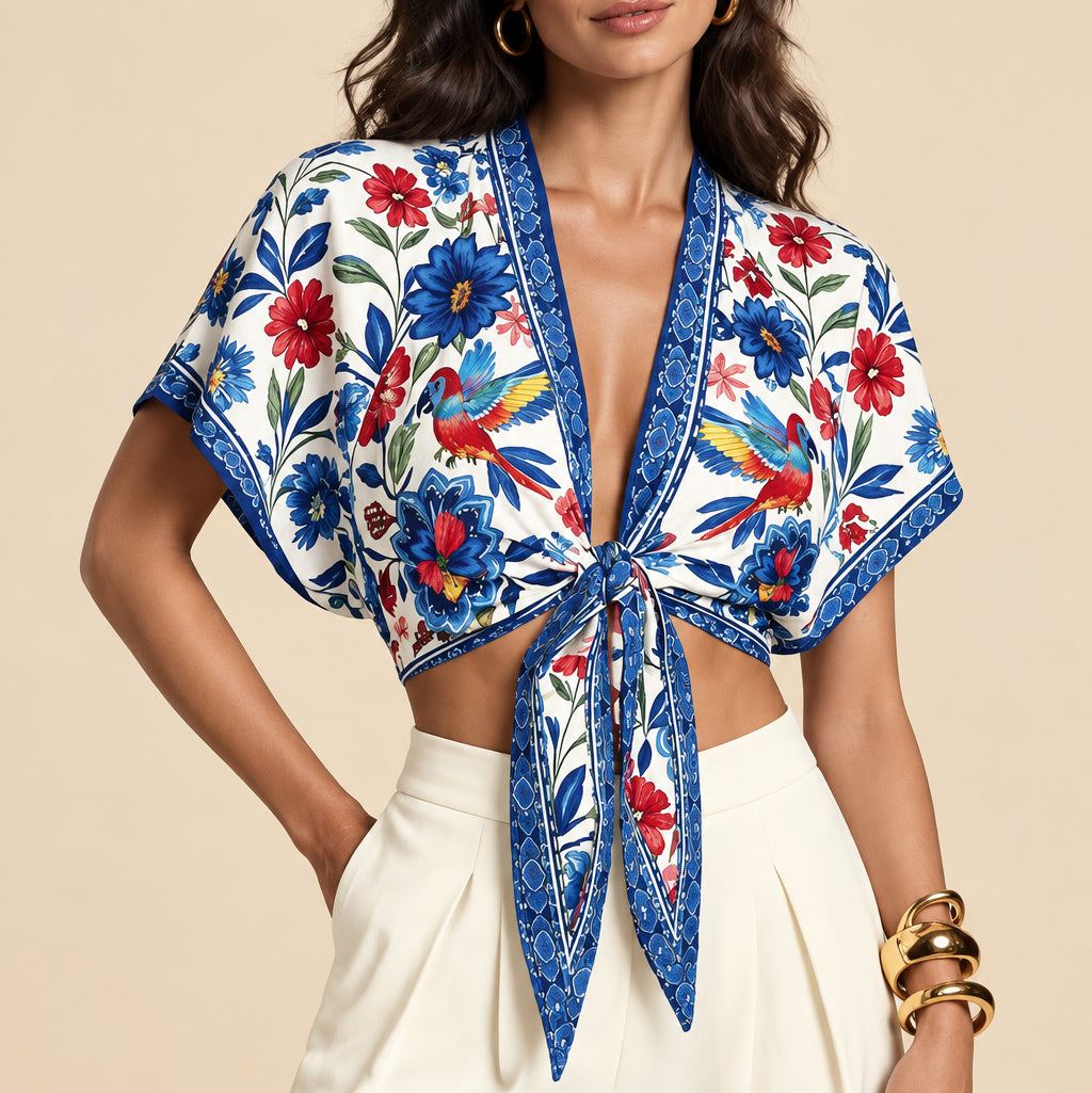 Women's Tropical Print Tie Front Crop Blouse