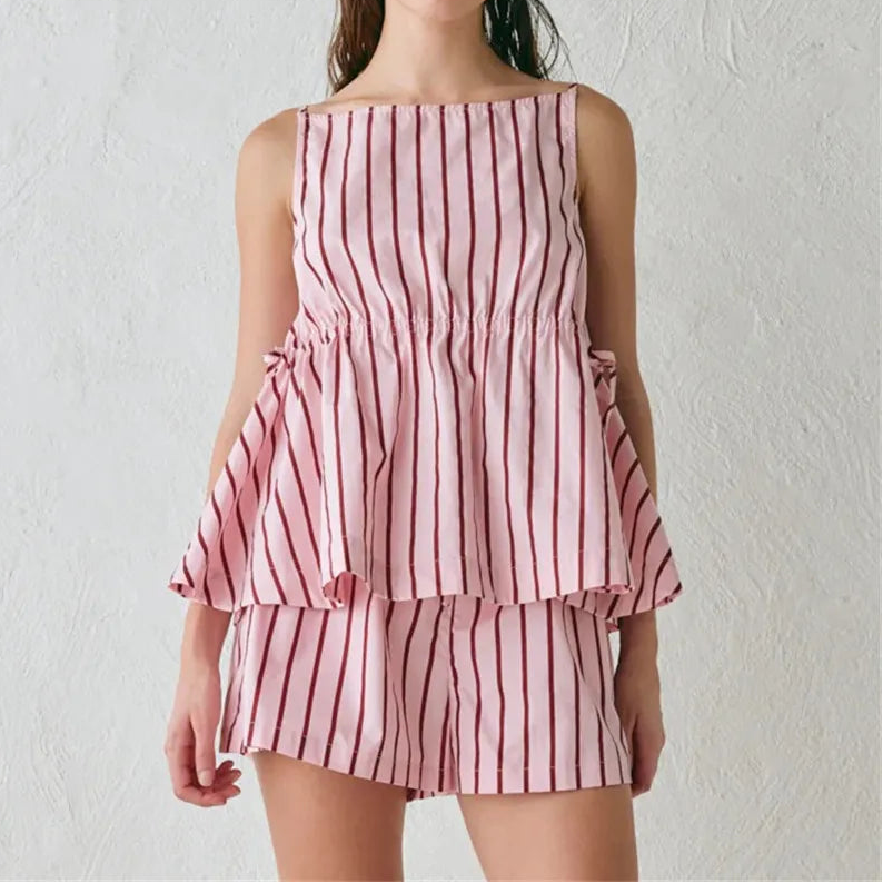 Women's Striped Peplum Top & Shorts Set