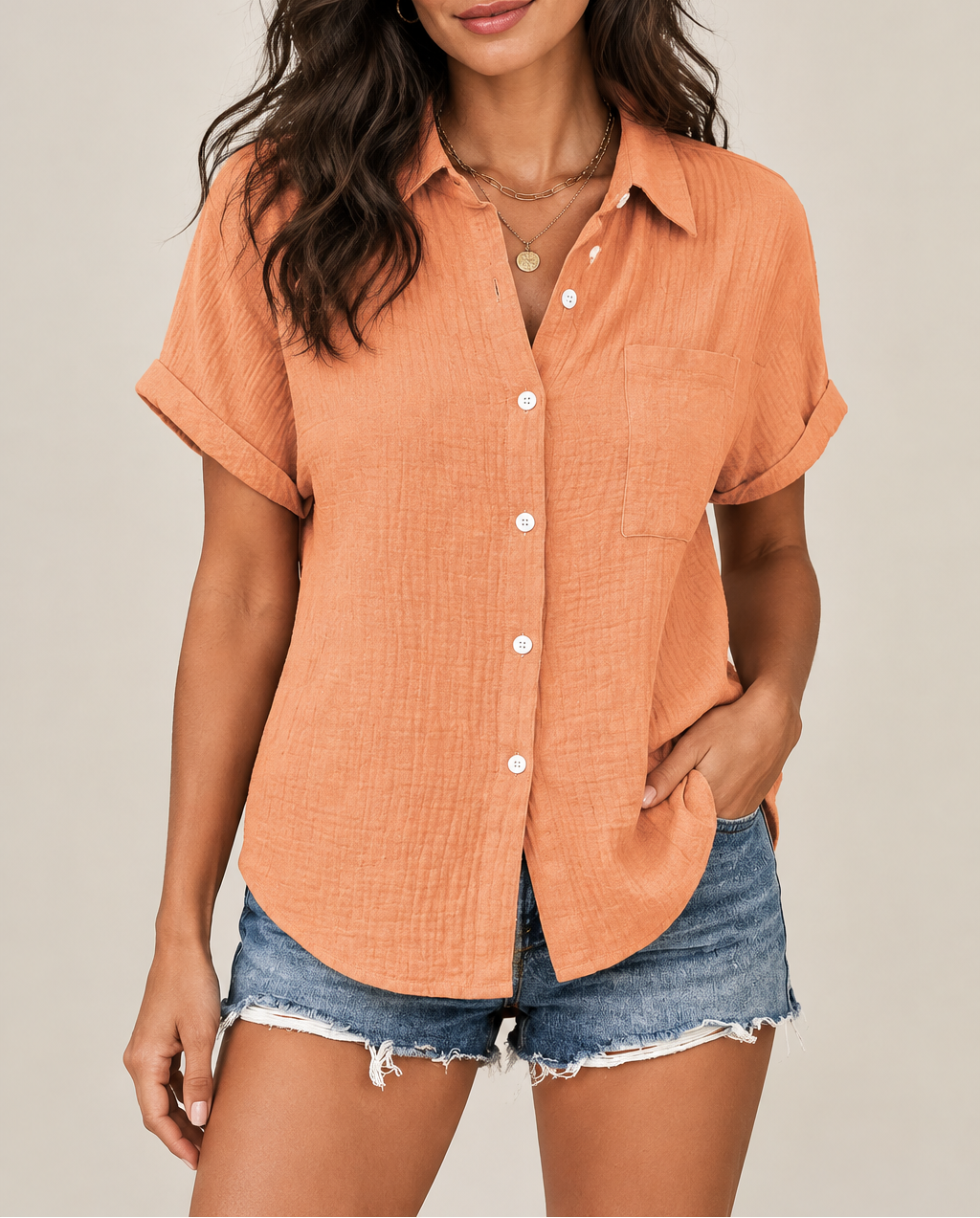 Women's Cotton Blouse — Short Sleeve Collar