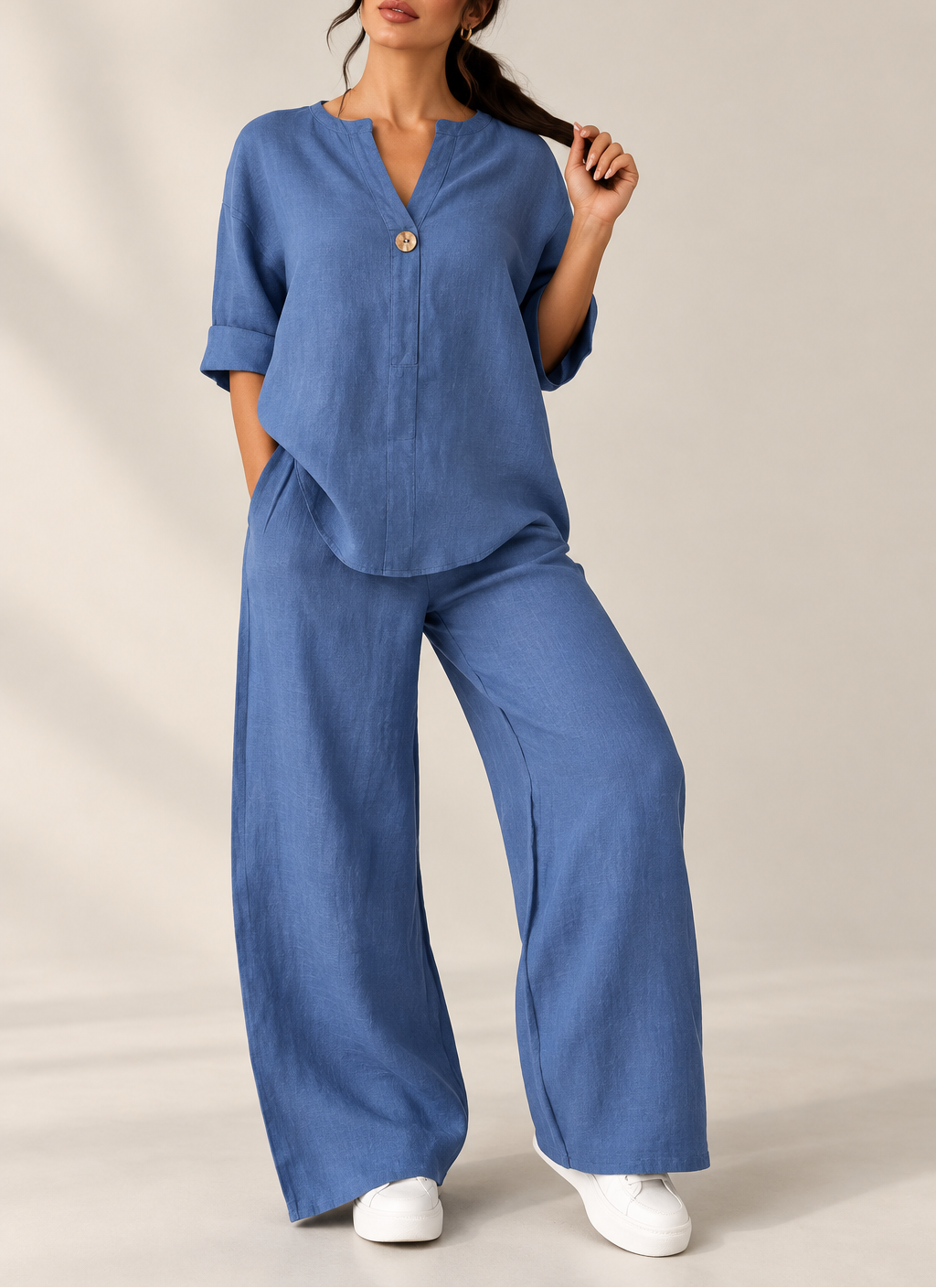 Women's Linen Blouse & Wide Leg Pant Set