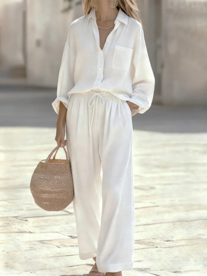 Women's Collared Shirt & Wide Leg Pant Set — Two-Piece