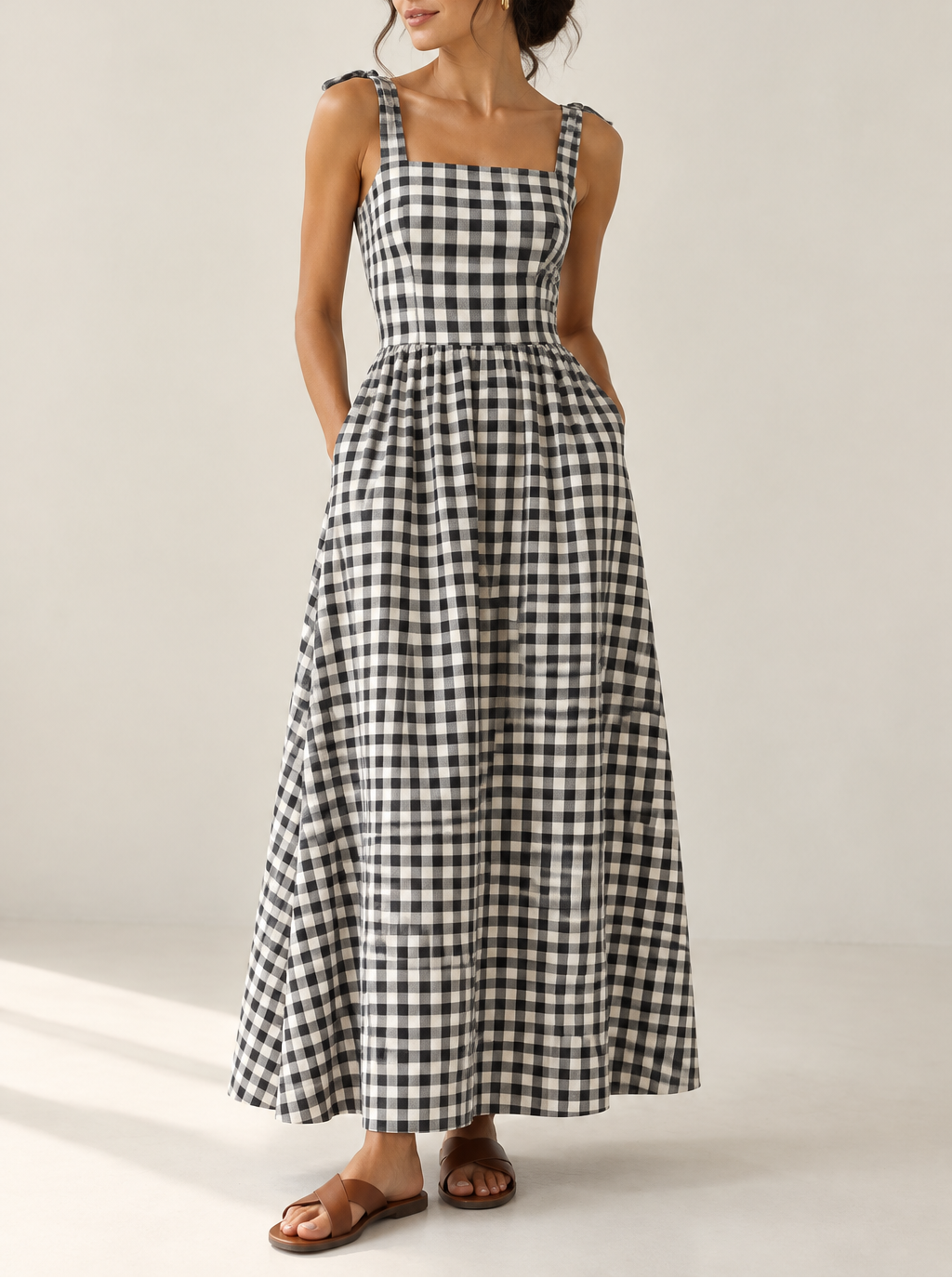 Women's Gingham Maxi Dress — Drawstring Waist