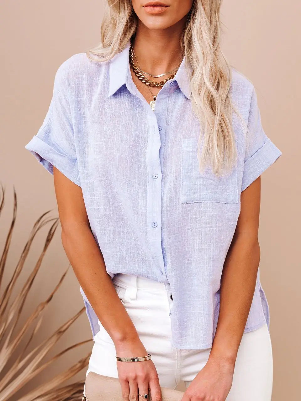 Women's Oversized Linen Blouse — Short Sleeve