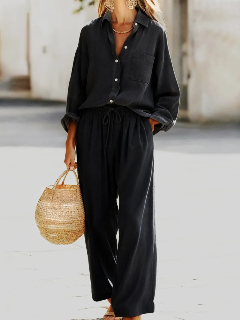 Women's Collared Shirt & Wide Leg Pant Set — Two-Piece