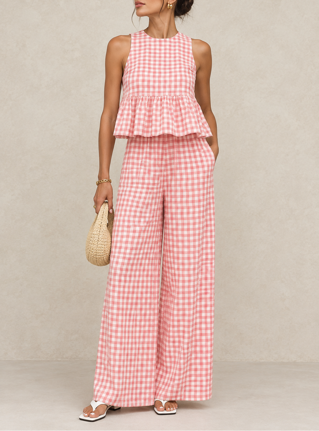 Women's Gingham Tank & Wide Leg Pant Set