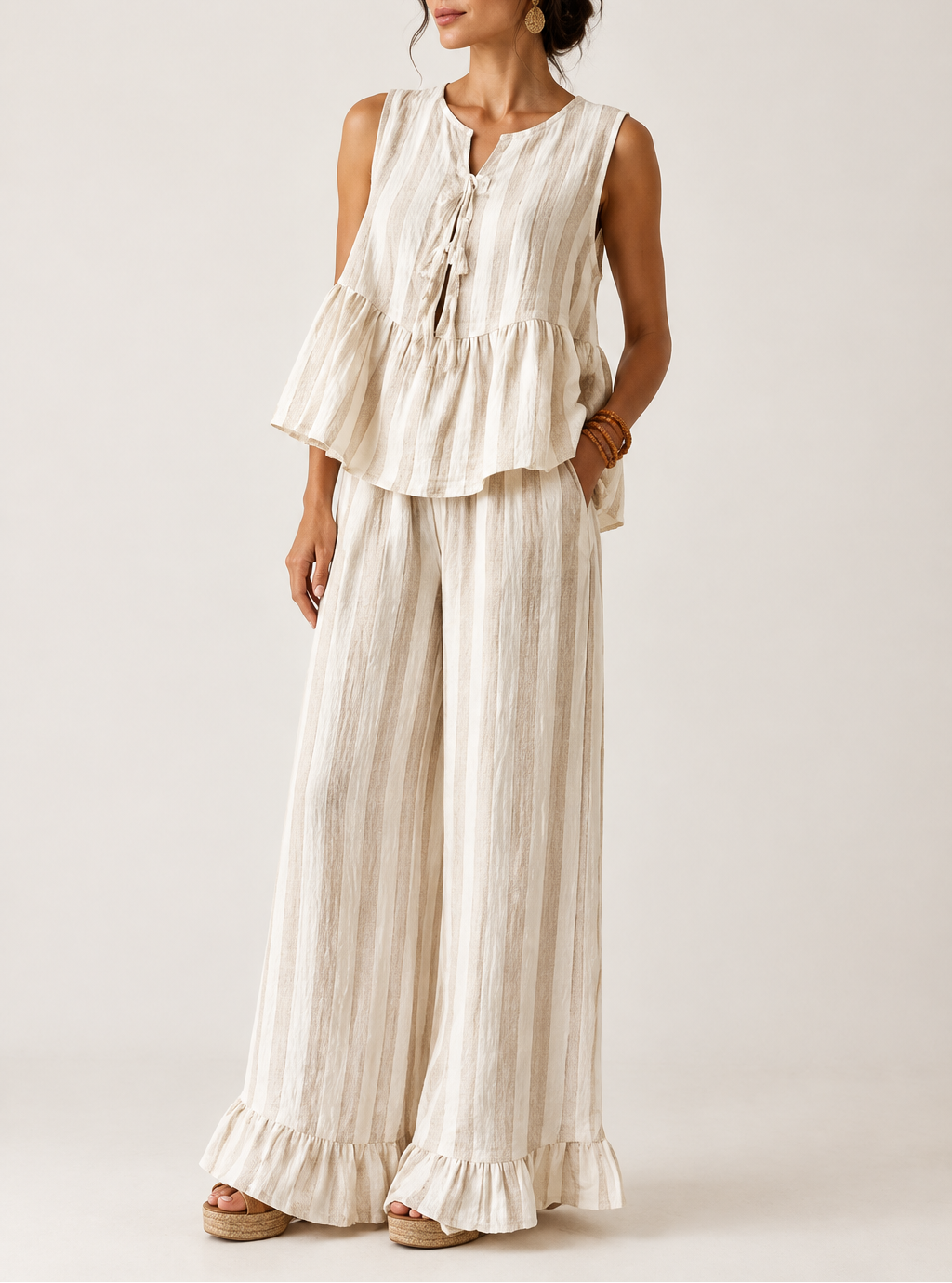 Women's Linen Striped Vest & Wide Leg Trouser Set — Two-Piece