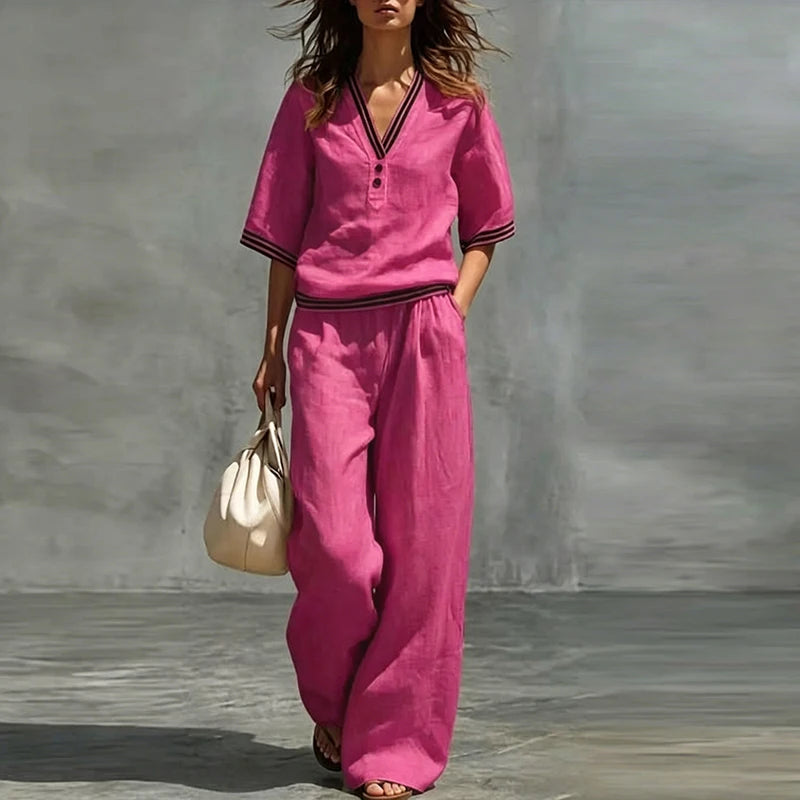 Women's Striped Button Shirt & Wide Leg Set