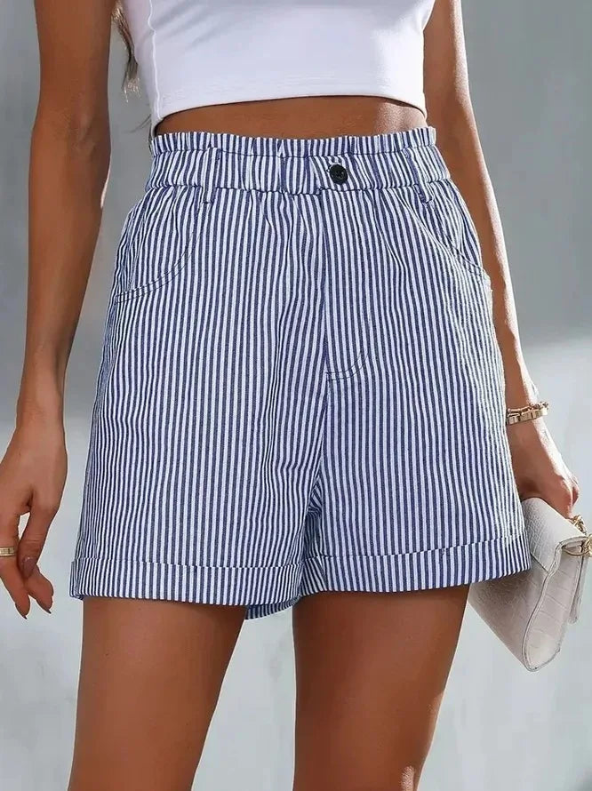 Women's Striped Shorts — Elastic Waist Pockets